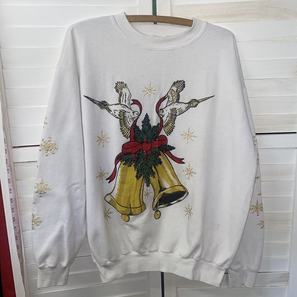 80s 90s Pullover Sweatshirt Holly Bells Doves Xmas Holiday Graphic Medium USA